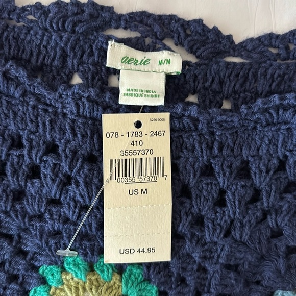 Aerie Peasant Crop Top Cotton Crocheted Granny Square Medium Navy Cottage core - Picture 5 of 9